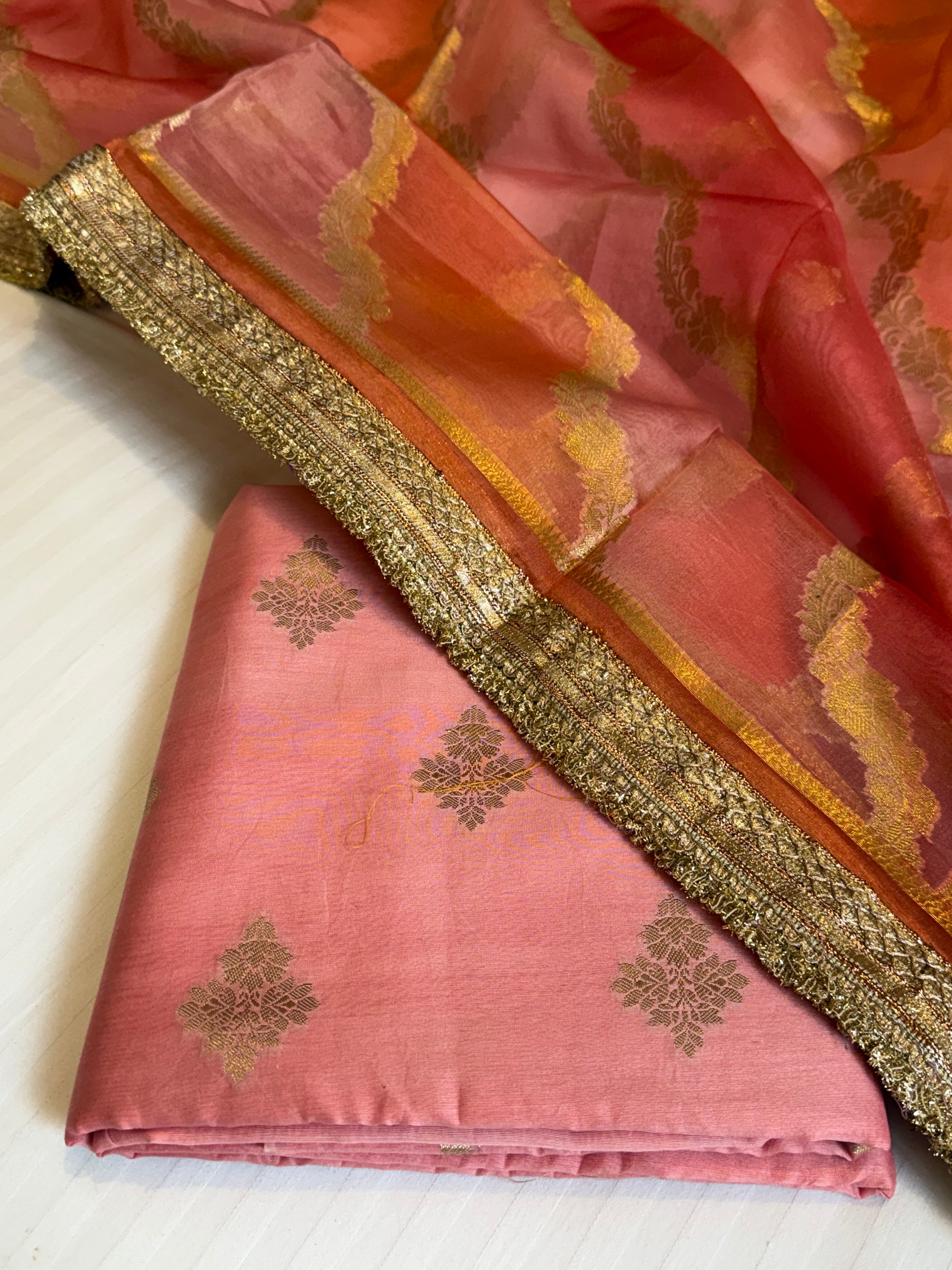 Shades of peach - Kora silk rangkaat kadhwa duppata paired with silk kurta